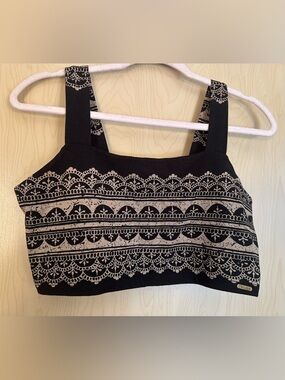 Black Sports Bra/ Camisole with Cream Henna/Lace-Style Print